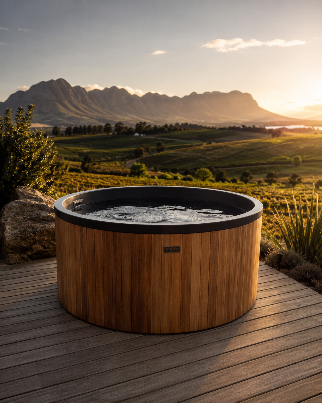 Round wooden cold plunge, Winelands at golden hour
